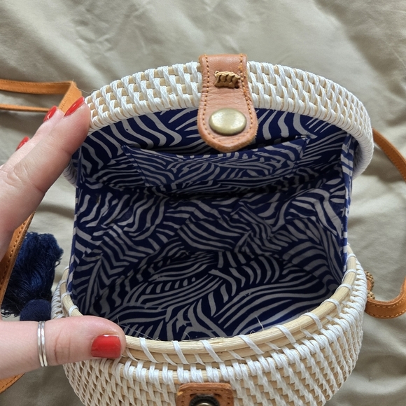 White Woven Crossbody Bag with Tan Strap - Picture 5 of 7